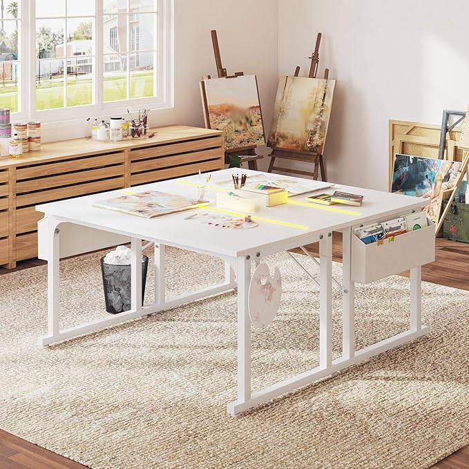 48 Inch White Computer Desk with LED Lights, Office Desk with Storage Bag for Home Office, Gaming Desk with Headphone Hook for Study Writing Work Desk,Sturdy Metal Frame