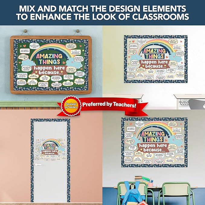 Decorably 112 Pcs Cutouts Boho Rainbow Theme Amazing Things Happen Here Bulletin Board Decorations Set with Borders, Boho Bulletin Board Decorations - Classrooms, School Hallways