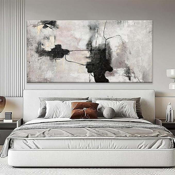 QSQ Black And Off-White Large Abstract Wall Art For Living Room Decor Grunge Room Decor Art Canvas Art Wall Decor 29" X 58" Painting Wall Art For Bedroom Home Office Artwork