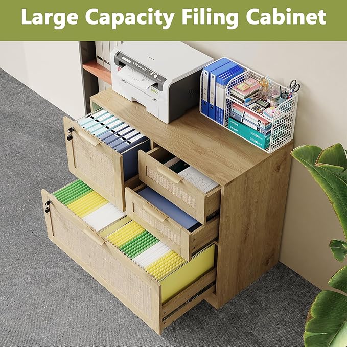HOPUBUY Lockable 4 Drawers File Cabinet, Lateral Filing Cabinet with Printer Stand for Home Office and School, Wood Rattan File Cabinet for Hanging Files/Letter/Legal/A4/F4 Size, Natural Wood
