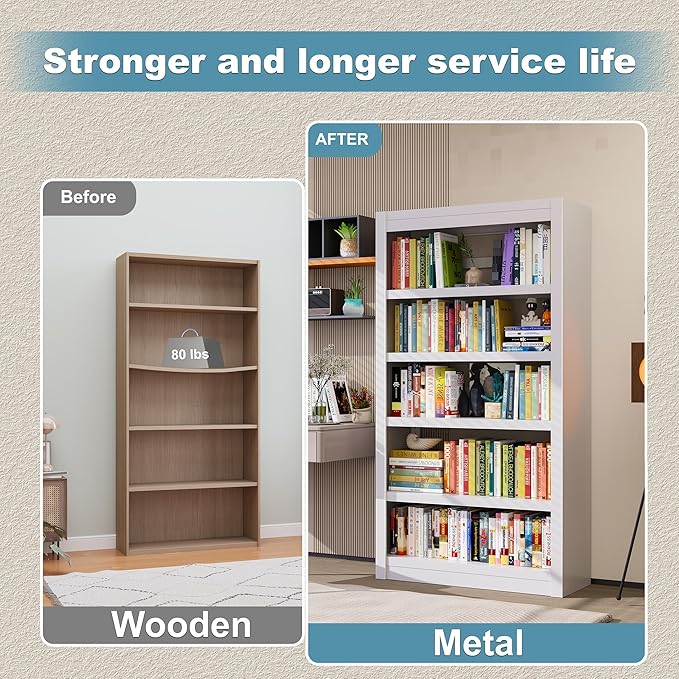 5 Tier White Bookshelf, 61" H Adjustable Bookshelf with Large Capacity, Suitable for Modern Storage Shelves in Living Rooms, Homes Offices, Garage, Sturdy Metal Bookshelf for Organizing