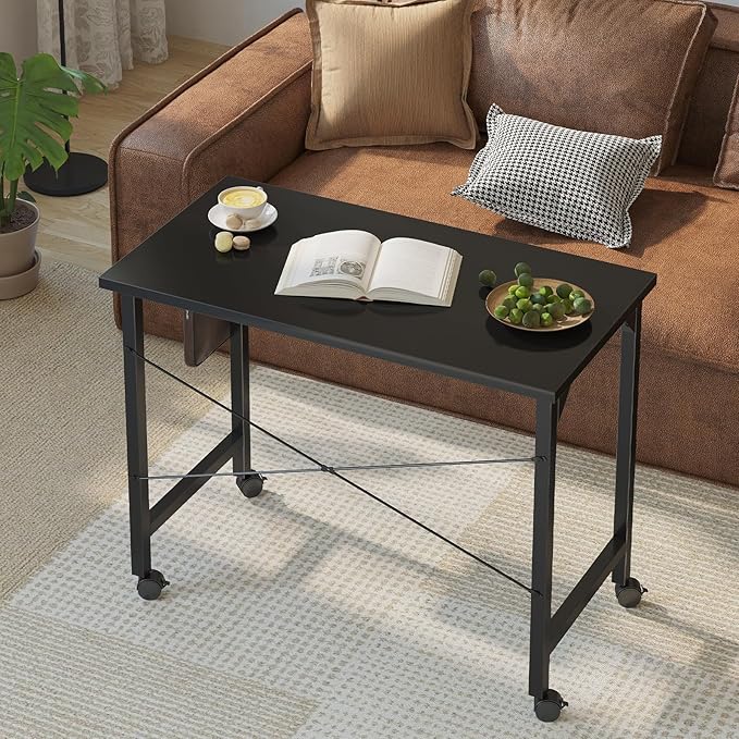 Grandder Rolling Computer 32 inch Desk with Wheels, Wroking Small Desk for Living Room, Modern Simple Style Table for Home Office, Study Writing Table, Caster, Black, 32 inch