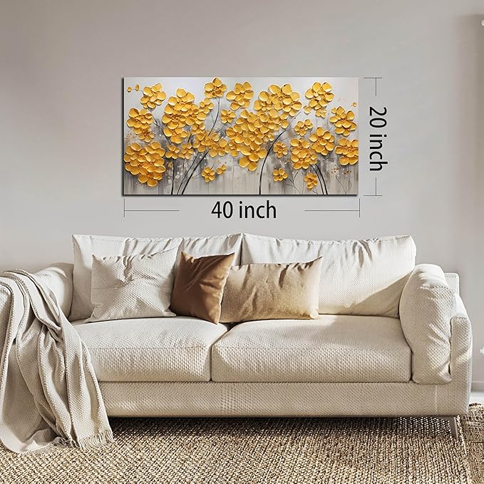 SKYRISE Abstract Gold Yellow Floral/Flower Wall Art Decor for Living Room, Modern Canvas Art Decorative-Picture Print Artwork for Bedroom Office, Size 40x20 Inches