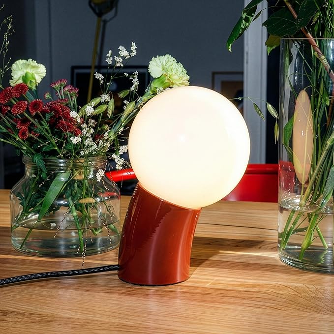 Brightech Vino LED Table Lamp - Small 8" Modern Dimmable Metal Lamp with USB-C Charging, Frosted Glass Globe Shade - Warm White Accent Light for Bedroom, Living Room, Bedside, Nightstand - Red