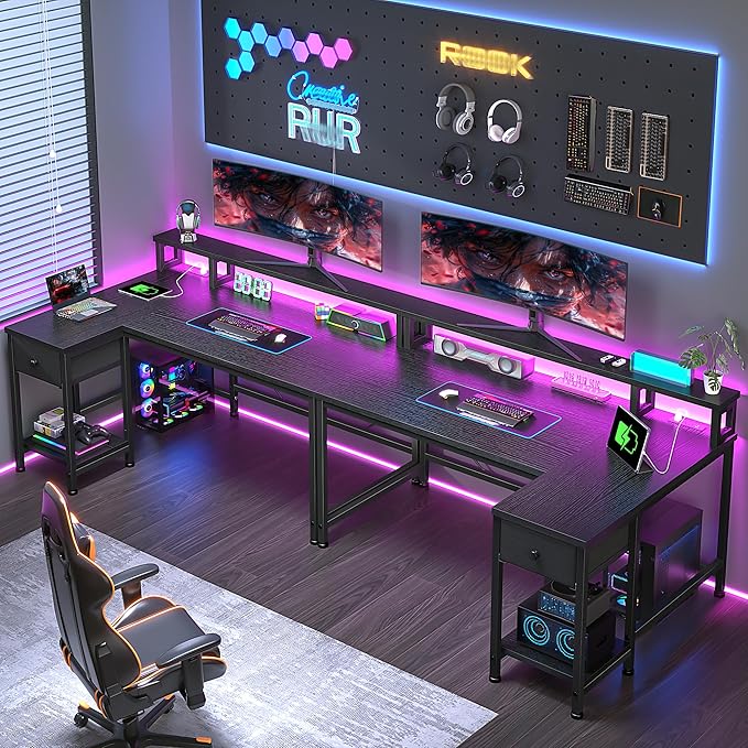 48" Gaming Desk with Power Outlet, Computer Desk with LED Lights & Drawer, L Shaped Desk with Monitor Stand for Gaming, Home Office Desk for Study Room, Bedroom, Living Room, Bedroom, Black