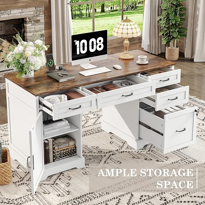 Alohappy 55'' Farmhouse Executive Desk with File Cabinet, Home Office Wood Computer Desk with Drawers and Power Outlets, White