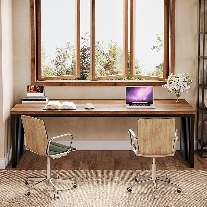 Tribesigns 2-Person Desk with Metal Frame, 78.74" Double Desk for Two People, Industrial Long Computer Writing Table for 2 People Home Office (Oak)