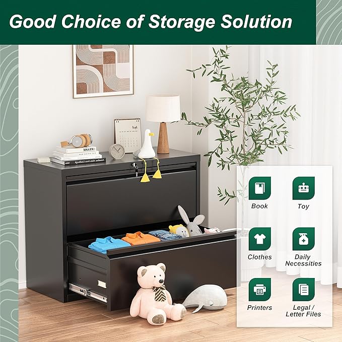 Superday Lateral File Cabinet, 2 Drawer File Cabinet with Lock, Black Filing Cabinets with Lock, Metal Filing Cabinets for Home Office/Legal/Letter/A4, Home Office Furniture for Hanging File