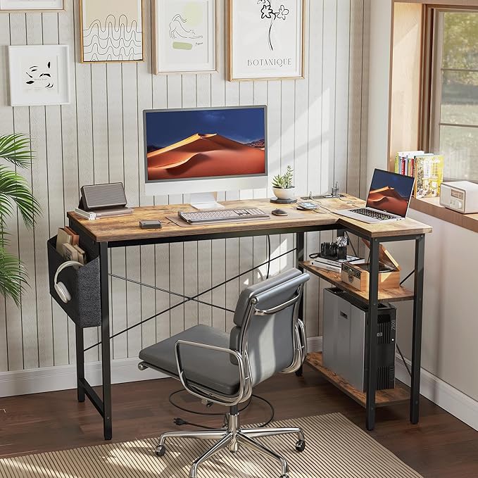 TIQLAB L Shaped Computer Desk with Power Outlets, 55 Inch Small Corner Desk with Reversible Shelves, Gaming Desk Computer Table Study Writing Desk for Home Office Small Space, Rustic Brown