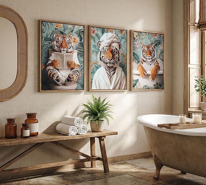 3pcs Funny Bathroom Tiger Canvas Wall Art Boho Tropical Botanical Tiger Reading Newspaper On Toilet Posters Prints Animal In Bathtub Wall Decor Pictures for Bathroom Decoration Unframed