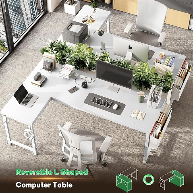63 Inch L Shaped Desk with 0.95 Inch Thicker Desktop & Storage Bag, Computer Desk with Power Outlets & Lights, Reversible Desk for Home Office, Corner Desk, Study Room, Bedroom, White