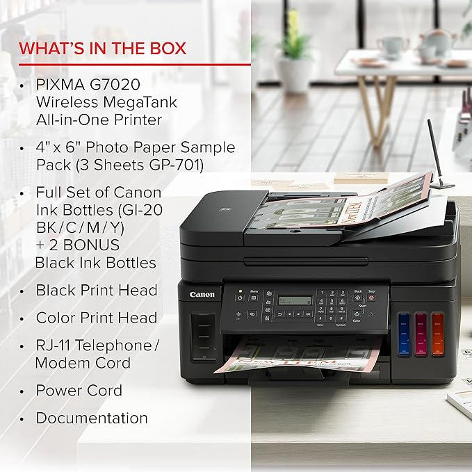 Canon G7020 All-in-One Printer Home Office | Wireless Supertank (Megatank) Printer | Copier | Scan, | Fax and ADF with Mobile Printing, Black, Works with Alexa