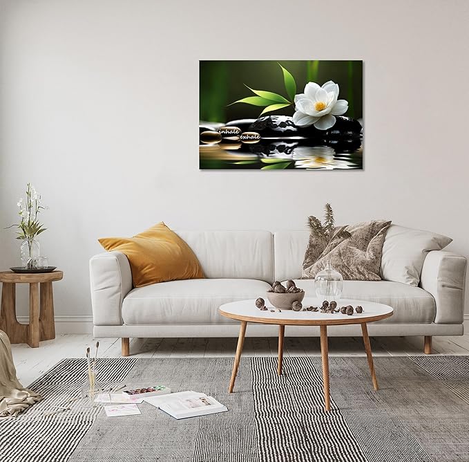 YIOZHAOFH Lotus Flower Wall Art Zen Canvas Inhale Exhale Poster Black Spas Nature Prints Pictures for Meditation Wall Decor Framed Artwork Ready to Hang (20.00" x 30.00")