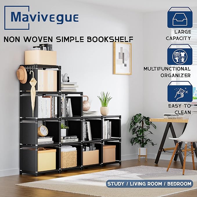 Mavivegue Book Shelf, 12 Cube Storage Organizer, DIY Bookcase, Metal Bookshelf,Tall Book case for Bedroom, Living Room,Office,Closet, Black Cubicle Rack