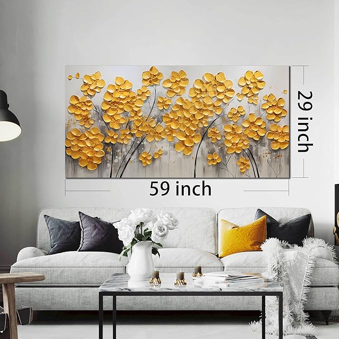 SKYRISE Abstract Gold Yellow Floral/Flower Wall Art Decor for Living Room, Modern Canvas Art Decorative-Picture Print Artwork for Bedroom Office, Large Size 59x29 Inches