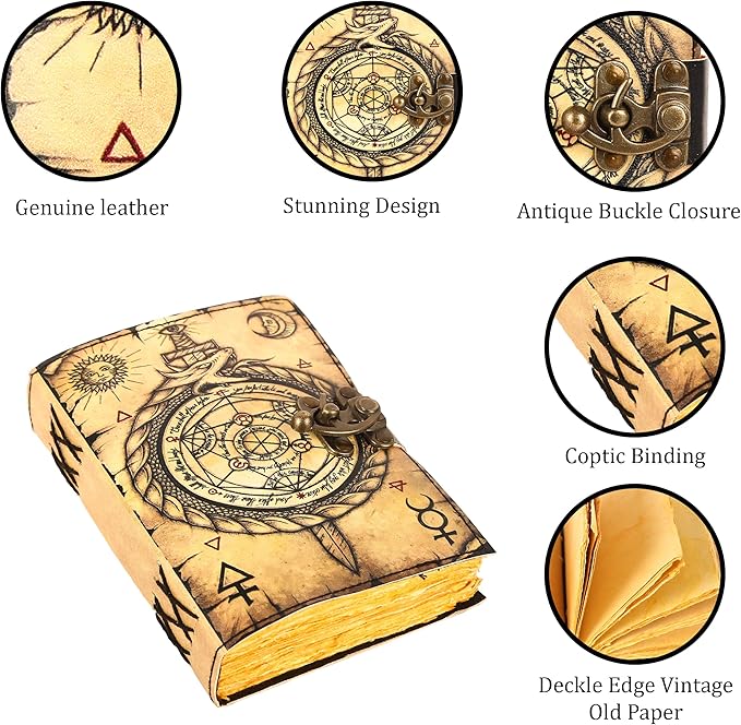 TUZECH Book of Spells Leather Bound Journal Deckle Edge Paper Grimoire Printed Diary Third Eye Notebook Spiral Gothic Notebook Antique Vintage Book for Men and Women (Ouroboros Circle Of
