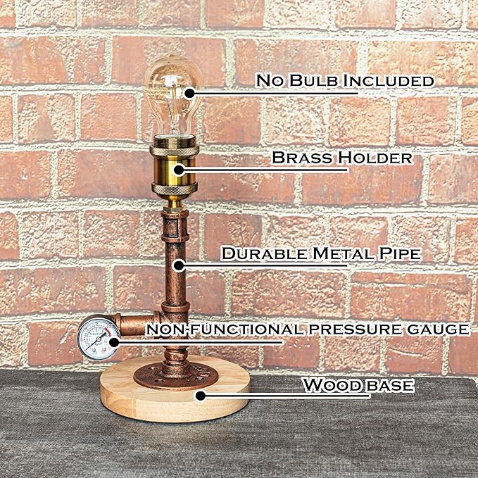 mini Steampunk Compact Copper Pipe Table Lamp with Decorative Pressure Gauge (Wood Base) QTF-BT03