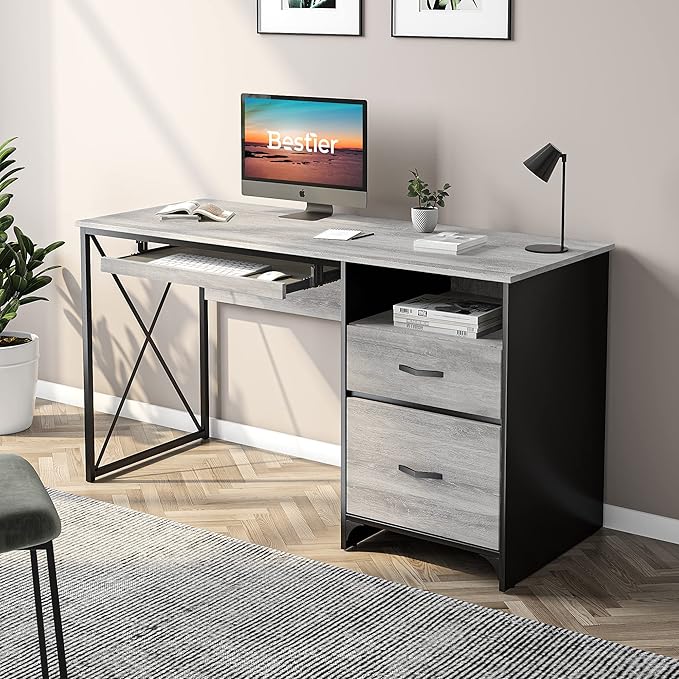 Bestier Office Desk with Drawers, 55 inch Industrial Computer Desk with Storage, Wood Teacher Desk with Keyboard Tray & File Drawer for Home Office, Light Gray Oak