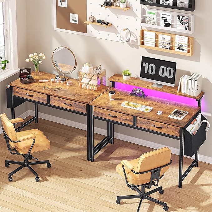 Gaming Desk with LED Lights with 2 Drawers, 31.5 Inch Desk Home Office Desk Computer Desk with Side Pocket & Ergonomic Monitor Stand, Small Space Study Writing Table with Anti-Tip Design, Rustic Brown