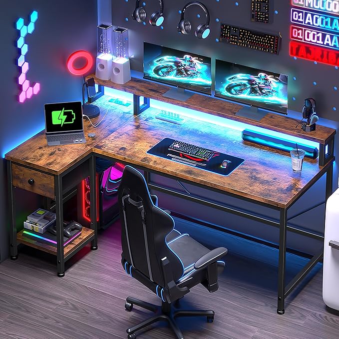 40" Gaming Desk with LED Lights, Computer Desk with Power Outlet & Drawer, L Shaped Desk with Monitor Stand for Gaming, Home Office Desk for Study Room, Bedroom, Living Room,Rustic Brown