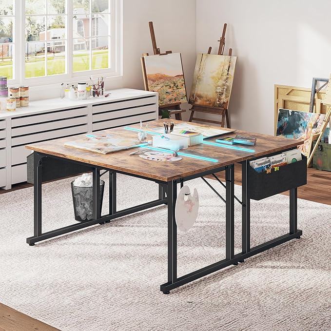48 Inch Computer Desk with LED Lights, Office Desk for Home Office, Study Desk Writing Table with Storage Bag, Headphone Hook, Rustic Brown