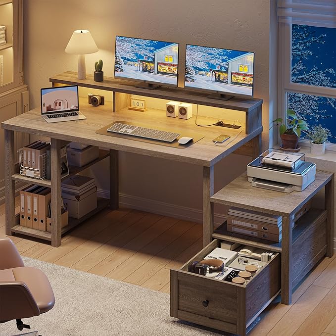 EnHomee 60.4" Farmhouse Computer Desk with Drawer & Power Outlet, Gaming Desk with LED Light, Office Desk with Monitor Stand, Study Desk, Work Desk for Home Office, Study Room, Bedroom, Ash Gray