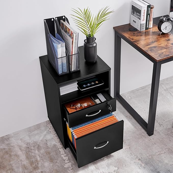 Topeakmart File Cabinet Movable Vertical Filing Cabinet with 2-Drawer and 1-Open Shelf Mobile Letter File Storage Oragnizer Lateral File Srorage on Wheels, for A4/ Legal/Letter Black