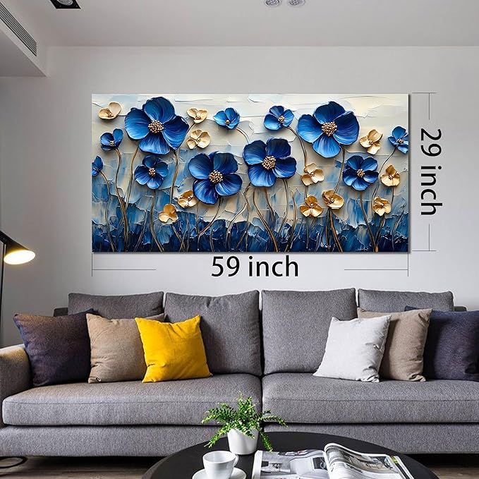 SIXTTART Blue Flower Living Room Pictures Wall Decor - Gold Flower Canvas Wall Art for Bedroom - Modern Large Wall Art for Office Size 29" x 59"
