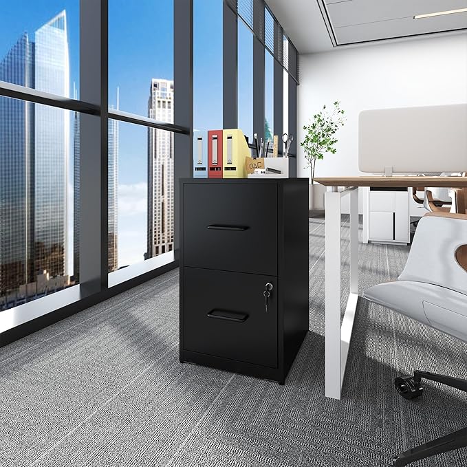 2 Drawer File Cabinet with Lock, Metal Vertical Filing Cabinet, File Cabinets for Home Office, Locking File Cabinet Hanging Files for A4/ Legal/Letter, Require Assembly, Black