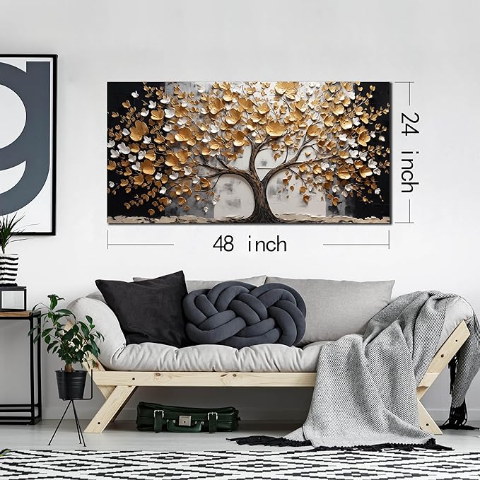 SKYRISE Abstract Gold Tree Wall Art for Living Room, Golden Tree Canvas Wall-Decor for Bedroom, Modern Landscape Decorative-Picture Print Artwork for Office Home, Size 48x24 Inches
