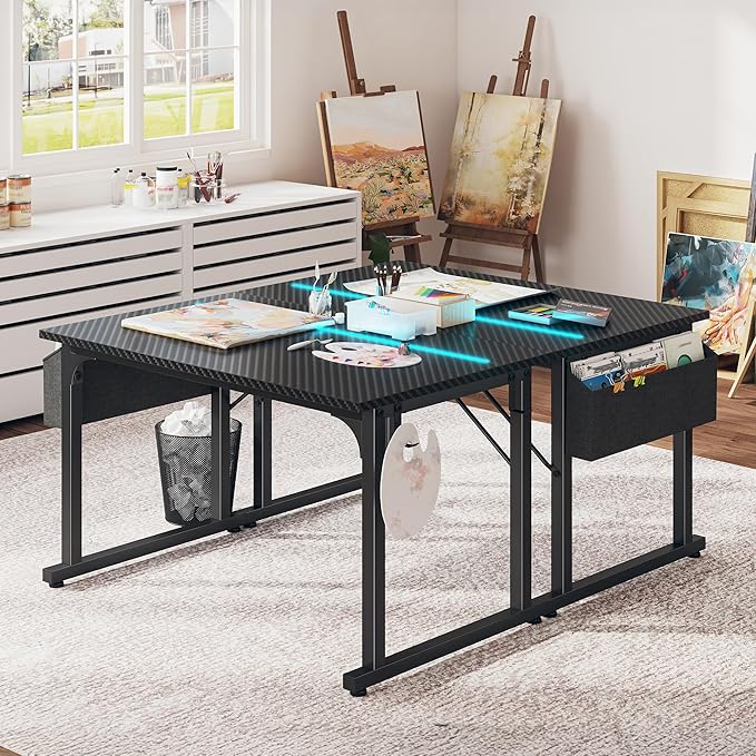 40 Inch Computer Desk with LED Lights for Small Spaces, Office Desk for Home Office, Study Desk Writing Table with Storage Bag, Headphone Hook, Black
