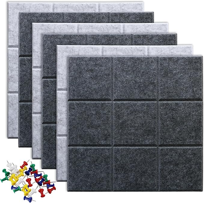Large Felt Board Tiles for Wall with Pack of 6 Pin Board Notice Boards for Home Office Kitchen, Bulletin Board Wall Tiles for Photos Memos (Drak Grey+Light Grey, 6 Pack)