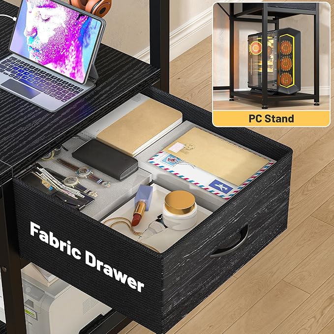 EnHomee 40" Gaming Desk with Power Outlets & LED Lights, Computer Desk with Drawer & Storage Shelve, Home Office Desk with Monitor Stand for Living Room, Study Room, Gaming Room, Black
