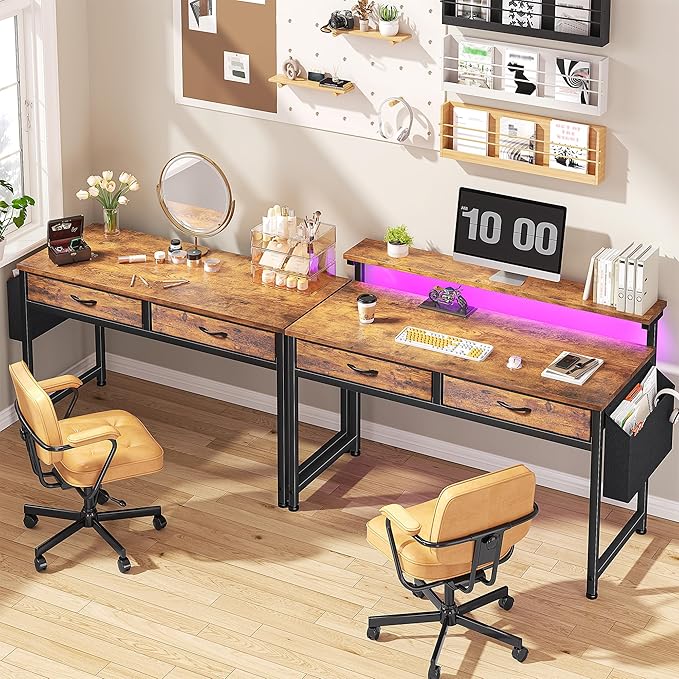 Gaming Desk with LED Lights & 2 Fabric Drawers, 39.4Inch Home Office Computer Desk with Side Pocket & Ergonomic Monitor Stand, Small Space Study Writing Table with Anti-Tip Design, Rustic Brown