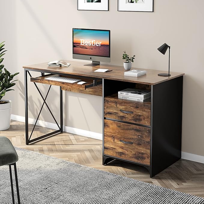 Bestier Office Desk with Drawers, 55 inch Industrial Computer Desk with Storage, Wood Teacher Desk with Keyboard Tray & File Drawer for Home Office, Rustic Brown