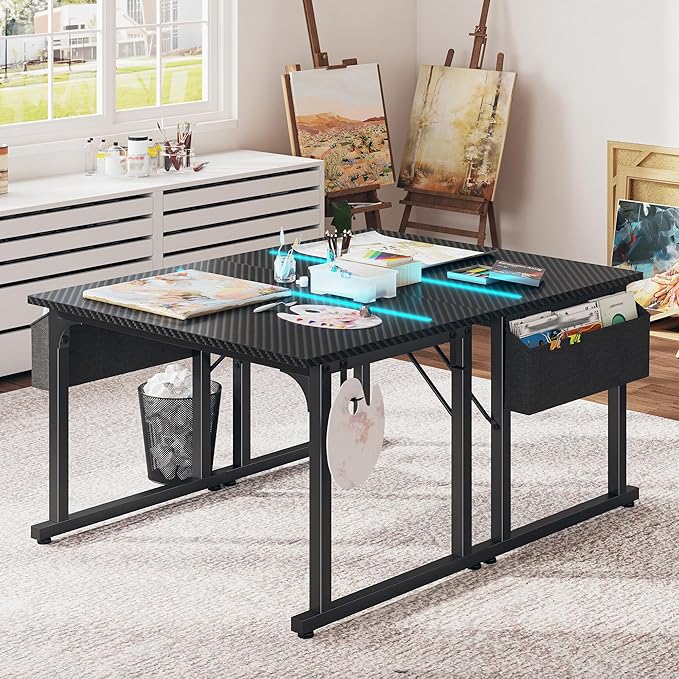 32 Inch Computer Desk with LED Lights for Small Spaces, Office Desk for Home Office, Study Desk Writing Table with Storage Bag, Headphone Hook, Black