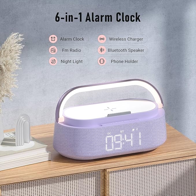 FREEFISH Bluetooth Speaker with Wireless Charger, FM Radio, Dimmer Night Light, Phone Holder, Wireless Charging Speakers for iPhone Samsung, Bedrooms Home Office Gifts