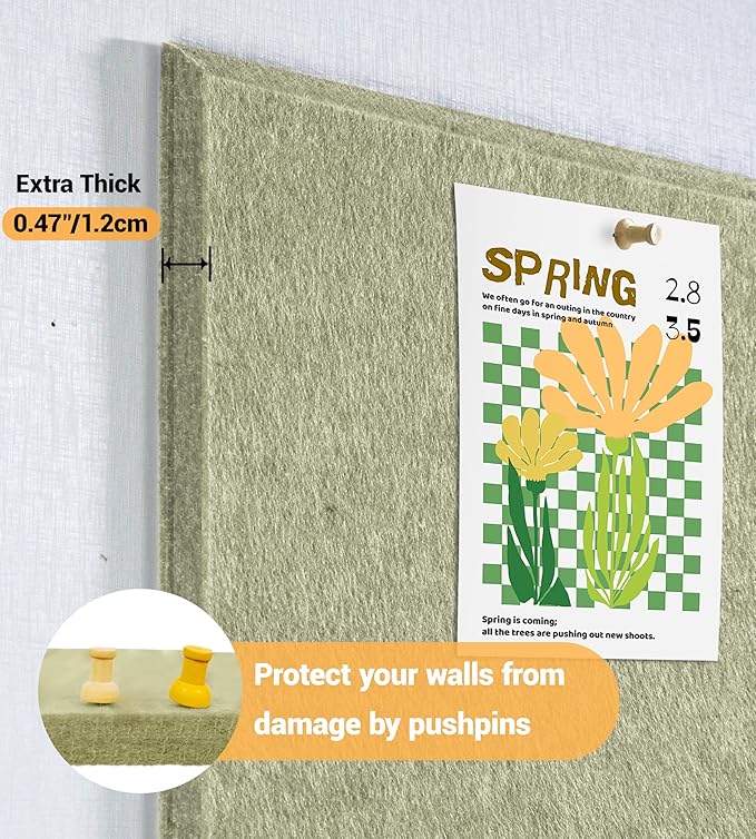 1/2" Thick Cork Board for Office, 6 Pack Felt Wall Tiles -28"x18" with Safe Adhesive Tabs, Large Bulletin Board, Push Pin Board Organizer Wall - Sage Green