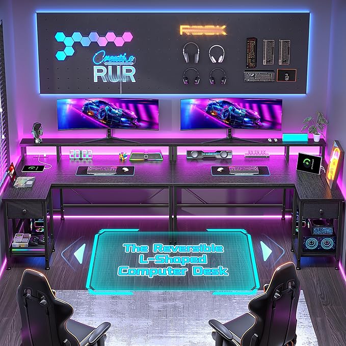 40" Gaming Desk with LED Lights & Power Outlet, L Shaped Desk with Drawer & Monitor Stand, Computer Desk for Small Room, Gaming, Corner Desk for Study Room, Bedroom, Black
