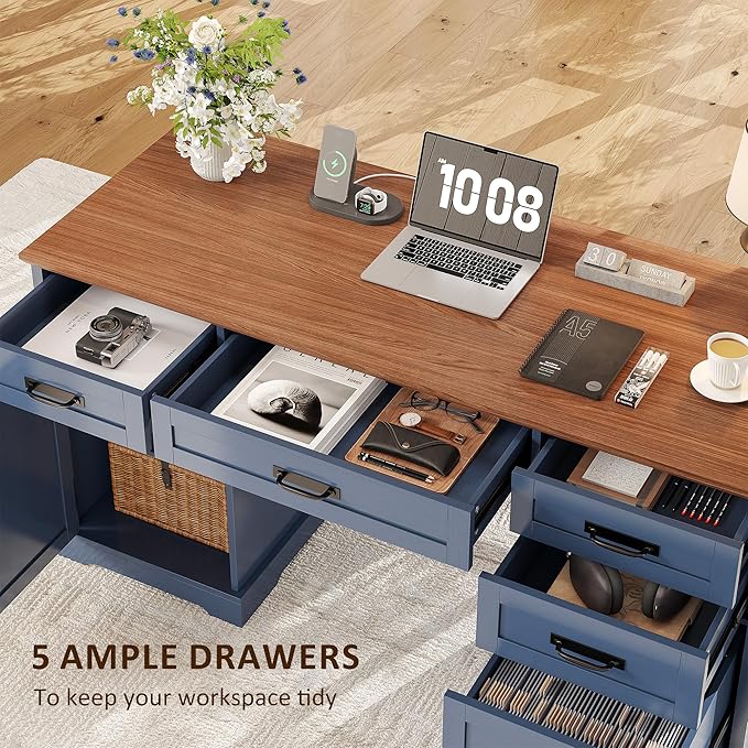 Whalefall 55'' Farmhouse Desk Home Office with Drawers, Executive Computer Desk Wooden with File Cabinet and Charging Station, Blue