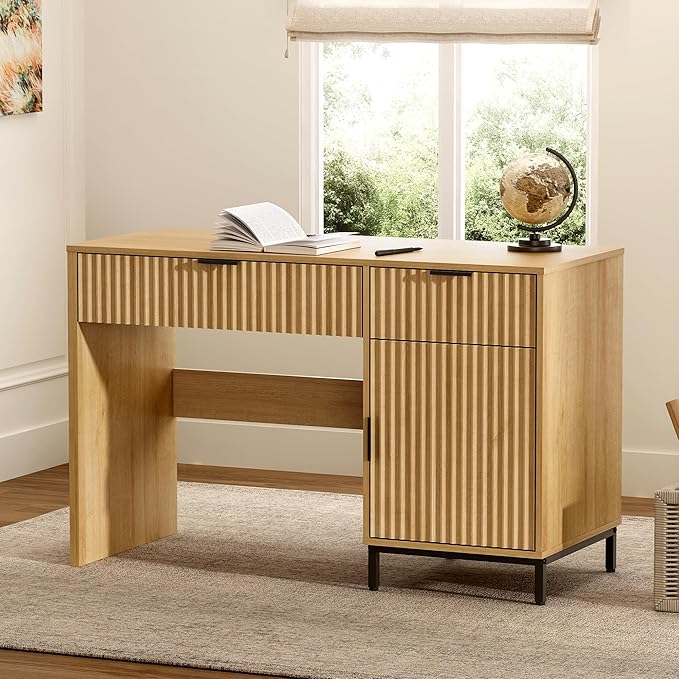 47" Executive Desk with Fluted Drawers, Wooden Home Office Desk with Storage Cabinet, Charging Station, Metal Legs Modern Farmhouse Computer Desk for Work, Study Natural Oak