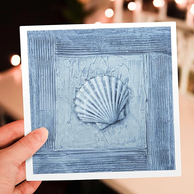 3dRose Blue Mixed Media Collage Art Painting With Sea Shell 1 Greeting Card with envelope