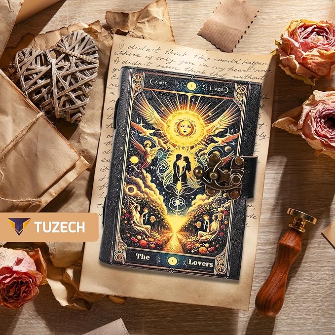 TUZECH Book of Spells Leather Bound Journal Deckle Edge Paper Grimoire Printed Diary Third Eye witchcraft supply and Witch Spell Notebook Antique Vintage Book for Men and Women (The Angel Lovers)