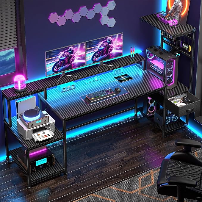 63" Gaming Desk with LED Lights & Outlets,Computer Desk with Drawers & Monitor Stand,Gaming Table with Storage Shelves & Printer Space for Game Room,Study Room,Home Office,Bedroom,Black