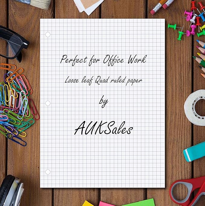 AUKSales Loose Leaf Paper, Quad Ruled Filler Paper | 450 Sheets, 150 Sheets in each case | 3-Hole Punched, 10-1/2’’ x 8’’ Perfect for Notetaking | Case Pack of 3