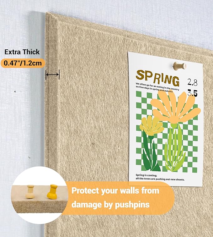 1/2" Thick Cork Board for Office, 6 Pack Felt Wall Tiles -28"x18" with Safe Adhesive Tabs, Large Bulletin Board, Push Pin Board Organizer Wall - Tan