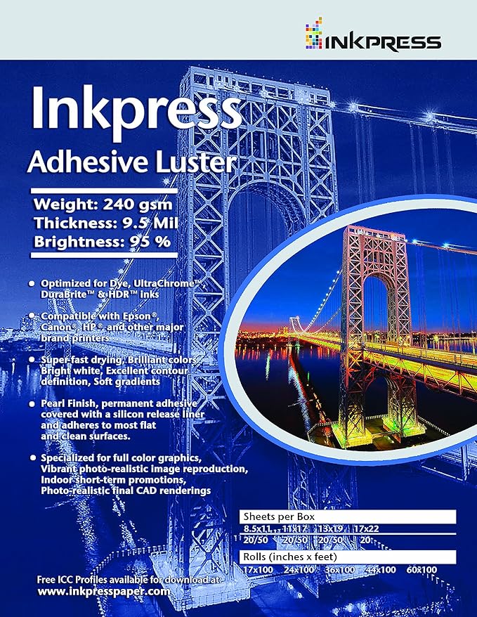 INKPRESS MEDIA Adhesive Luster 190 GSM, 8 Mil, 94 Percent Bright Paper (#AL111720)