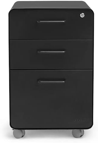 Poppin Stow 3-Drawer Rolling File Cabinet - Black. 2 Utility Drawers and 1 Hanging File Drawer. Two Locking and Two Non-Locking Wheels. Powder-Coated Steel. Two Keys Included