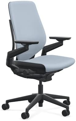 Steelcase Gesture Office Chair - Era Blue Nickel Fabric, High Seat Height, Shell Back, Black on Black Frame, Lumbar Support, and Standard Carpet Casters