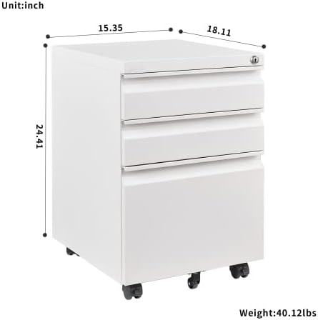 3-Drawer Mobile File Cabinets Black File Cabinet Under Desk Metal Filing Cabinet Rolling Metal Filing Cabinet for Legal and Letter Files with Anti-Tilt Design with Locking Fully Assembled (White)